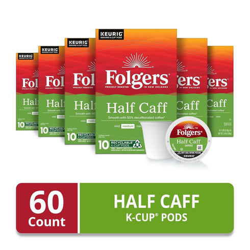 10 Count (Pack 6) Folgers Half Caff Coffee, Medium Roast, Keurig K-Cup Pods