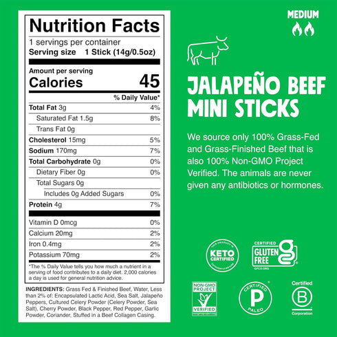 0.5oz 24-Pack Whole30, 4g Chomps Snack Size Grass-Fed and Finished Jalapeo Beef Jerky Snack Sticks - Keto, Paleo, Lean