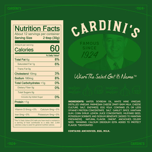12 oz., Cardini's Light Caesar Dressing, fl. Made with Parmesan Cheese, Vinegars, Garlic and Anchovies, Perfect Chicken