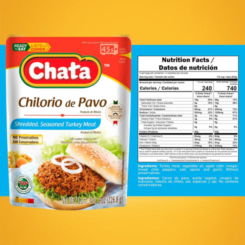 Pack, 8.8 oz (Pack 6) Chata Variety Mexican Shredded Meats with Pork, Chicken, Turkey and Pork Crackling