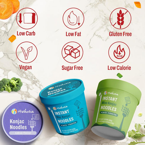 6 Packs, Hethstia Konjac Noodles Soup Cup Variety Flavor (Pho, Miso, Laksa), Vegan, Gluten-Free, Sugar-Free, Keto