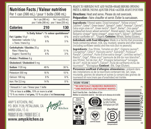 14.1 Oz Amy's Soup, Vegan Hearty Minestrone Soup, Made With Organic Vegetables, Lentils, Barley and Pasta in Tomato