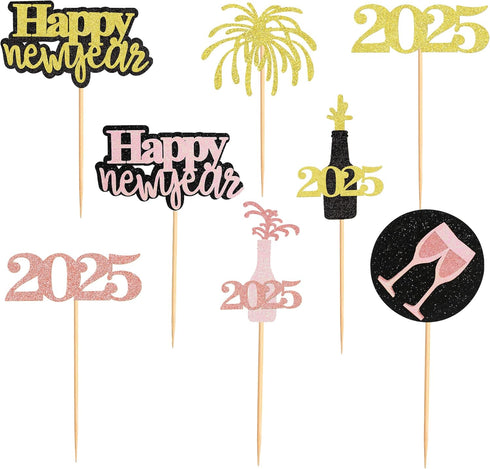24 Pcs Happy New Year Cupcake Toppers, Glitter Rose Gold and Gold, Cheers to 2025 Decoration