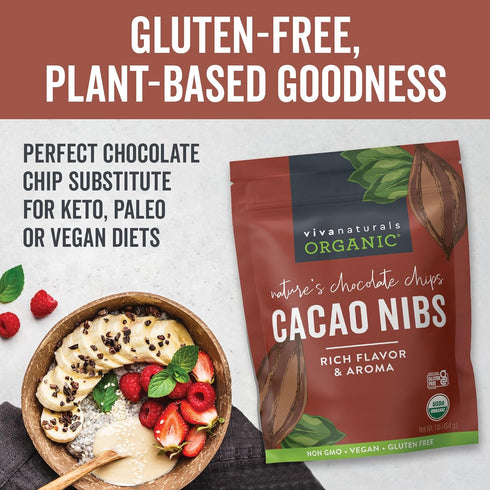 1 LB (454 Viva Naturals Organic Cacao Nibs, Unsweetened, g), Keto Friendly, Vegan, Non-GMO, Gluten-Free Chocolate Chip