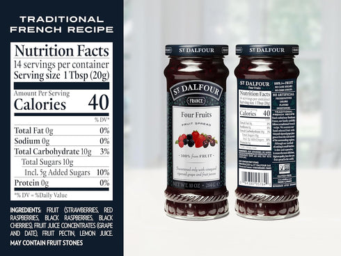 6 Pack, 100% 10 oz St. Dalfour Four Fruits Spread from Fruit, No Cane Sugars, No Corn Syrups, Jars