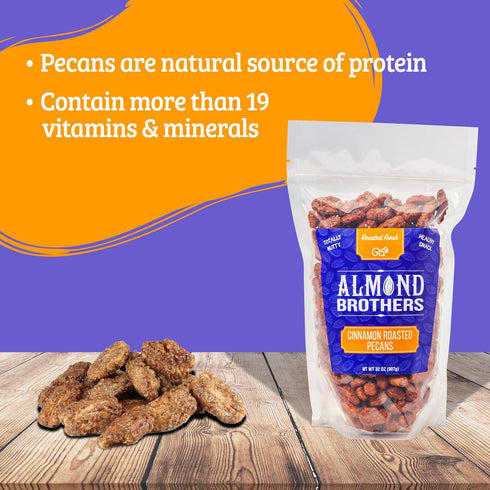 2 lb Almond Brothers Cinnamon Roasted Pecans - Bag - Hand Crafted Cinnamon Candied Pecans - Gluten-Free, Non-GMO