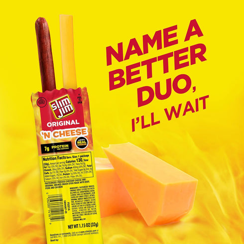 7g 1.15 oz. (14 Count) Slim Jim Beef 'N Cheese Smoked Meat Sticks, Original Flavor, Protein Per Serving