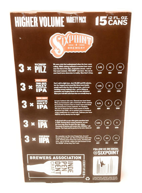 Sixpoint Brewery 15pk, 12 Oz Sixpoint, Variety Higher Volume, Fl Cans