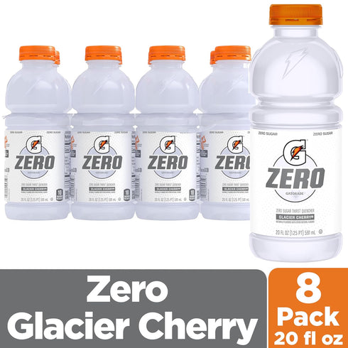 20 Oz 8 Pack Gatorade Zero Sugar Glacier Cherry Thirst Quencher Sports Drink, Fl Bottles