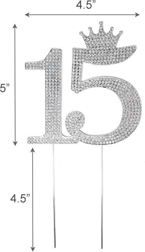 Number 15 Quinceanera Rhinestone Princess Crown Monogram Cake Topper for Sweet 15th Birthday Party (Silver)