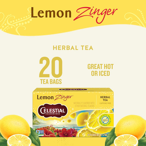 20 Celestial Seasonings Lemon Zinger Herbal Tea, Caffeine Free, Tea Bags Box