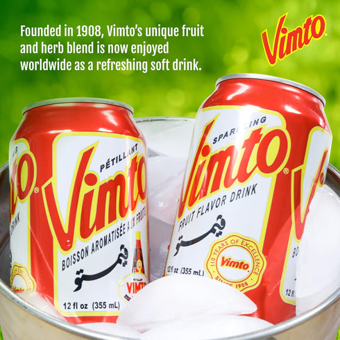 12 oz (Pack 24) Vimto Sparkling Fruit Flavored Drink Soda with Natural Black Cherry, Raspberry, Black Currant Middle