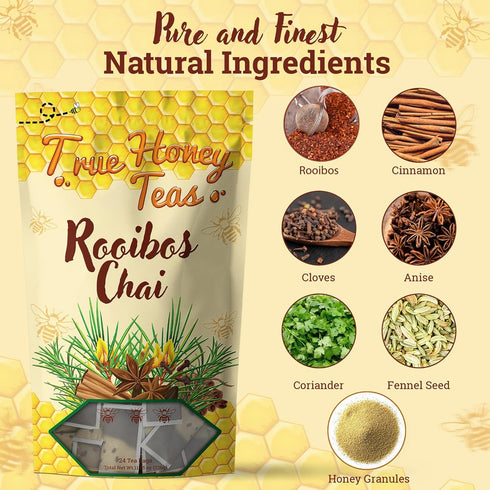 24 Count True Honey Rooibos Chai Tea Bags - Providing Herbal Wellness - All Natural Organic Rooibos, Cinnamon, Clove