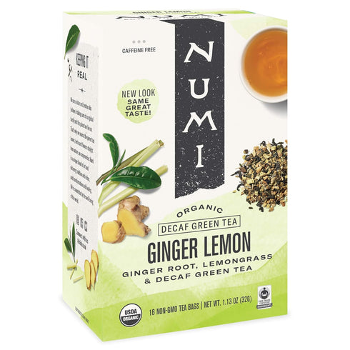 Numi Organic Ginger Lemon Decaf Tea, 48 Green Tea Bags with Lemongrass
