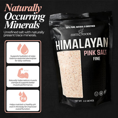 2.2 lbs Zestiq Foods Himalayan Pink Rock Salt - Raw Unrefined Mineral-Rich, No Additives, Colors Kosher, Non-GMO, Fine