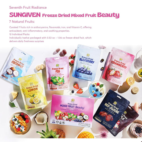 SUNGIVEN Pack 12 7 9.7 oz Freeze Dried Fruit Mixed for Beauty, Variety of Bag, Kinds of Fruit, Health Snack, Rich