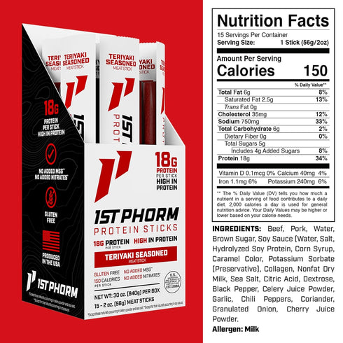 1st 18g 15 Count Phorm Meat Sticks, Teriyaki Seasoned Protein Snacks, Protein Per Serving, Pork & Beef Sticks, Healthy