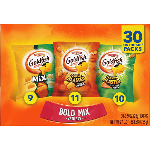 Pack 1 oz Packs, 30 Goldfish Bold Mix Variety Snack Crackers, Snack Ct Box