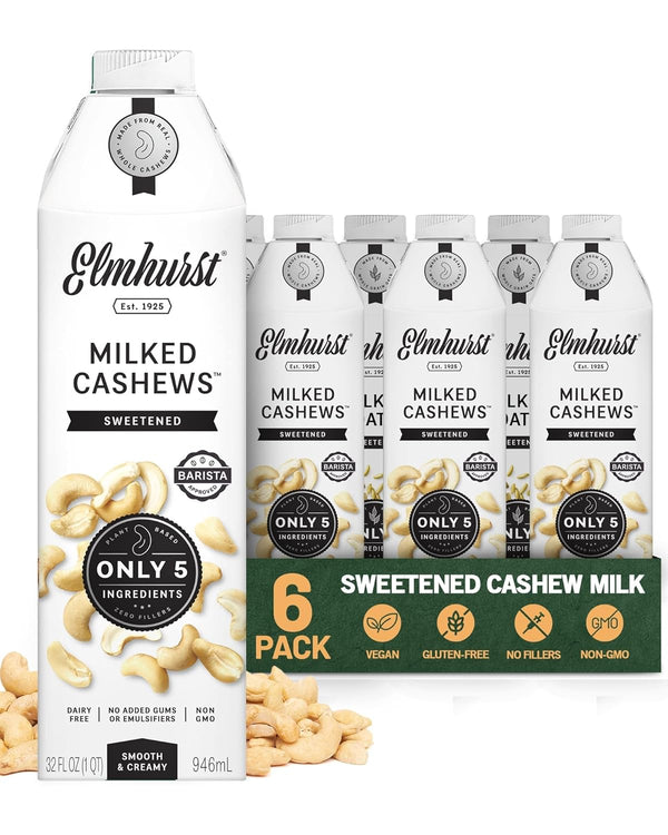 Elmhurst 1925 Sweetened Cashew Milk - 32 Ounce (Pack of 6) Dairy-Free,