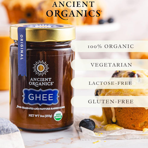 9 Oz (Pack 2) Ancient Organics Ghee - Organic Grass Fed Ghee Butter, Gluten Free, Clarified Butter, Vitamins & Omegas