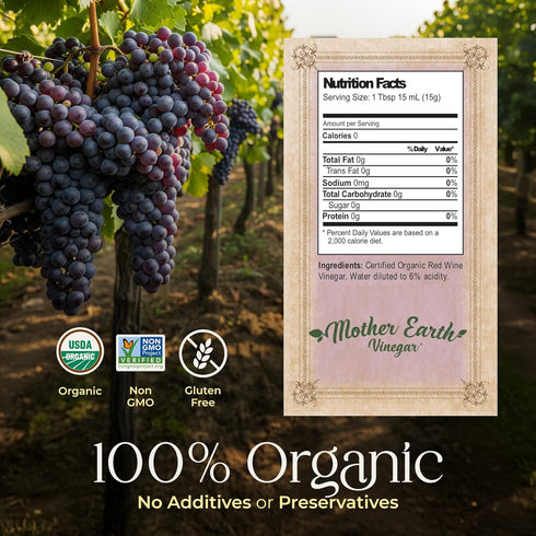 (1/16oz Mother Earth, Organic Red Wine Vinegar with The Mother, Fresh Pressed Organic Cabernet Grapes, ORWV, RWV, Raw