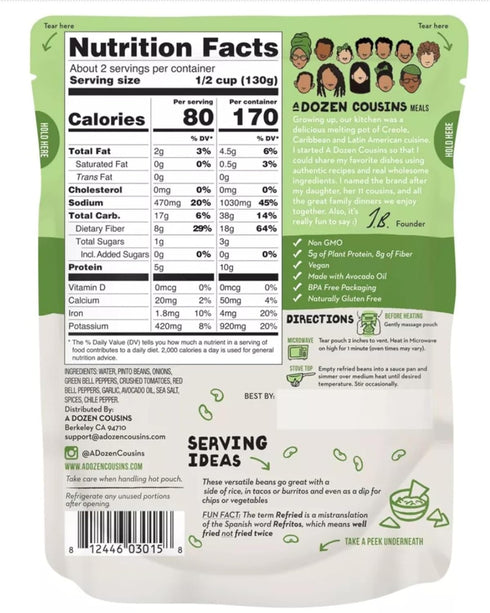 Dozen 6pk, A Cousins Vegan Refried Pinto Beans Seasoned Healthy Microwave Beans in Avocado Oil, Ready to Eat Prepared