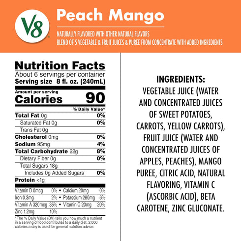 V8 100% 46 oz (6 Pack) Peach Mango Fruit and Vegetable Juice, fl Bottle