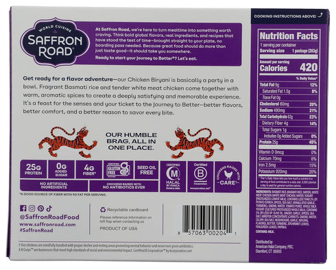 Frozen 10 Saffron Road Chicken Biryani High Protein, Seed Oil Free, Chickens Raised with No Antibiotics, No Artificial