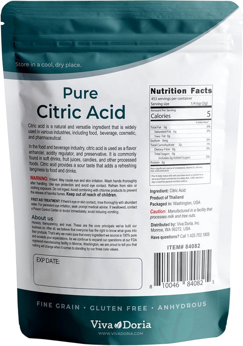 100% 2 lb (907 Viva Doria Pure Citric Acid, Food Grade, Fine Grain, g)