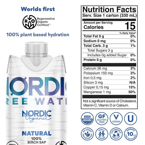 (Pack 12) Regenerative Organic Certified Birch Tree Sap Electrolytes, Minerals, Prebiotics & Vitamins, Finland Wild