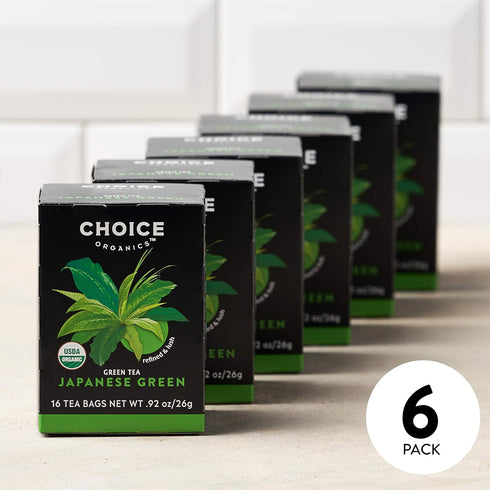 (6 Pack) 96 Choice Organics - Organic Japanese Green Tea - Compostable - Contains Caffeine - Organic Green Tea Bags