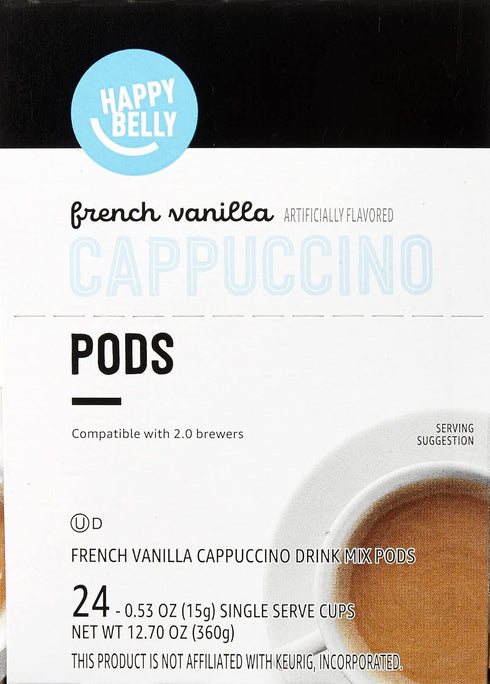 2.0 24 Count, 12.7 Happy Belly Cappuccino Coffee Pods Light Roast Compatible with K-Cup Brewers, French Vanilla