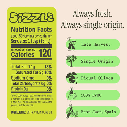 33.8 Oz (1L) Graza Sizzle Extra Virgin Olive Oil, Cooking Oil - High Polyphenol Peak Harvest EVOO Cooking Oil in a