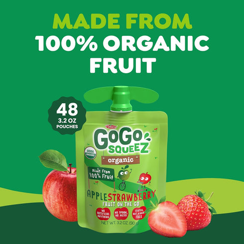 3.2 oz (Pack 48), GoGo squeeZ No Sugar Added Organic Applesauce and Fruit Puree Apple Strawberry, Pouches of Fruit