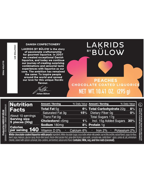 10.4 oz LAKRIDS BY BLOW - Peaches - - Chocolate Coated Gourmet Licorice - Sweet Licorice Core Coated in White Chocolate