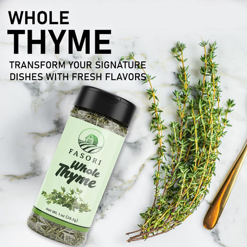 (1oz) Fasori Thyme Leaves Premium Dried Whole Thyme Herb, Aromatic Mediterranean Spice for Cooking, Roasts, Chicken