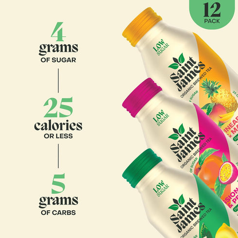 12 Pack (16.9 oz Saint James Iced Tea - Organic Green Tea - Non GMO, Gluten Free, Low Calorie & Low Sugar - Variety