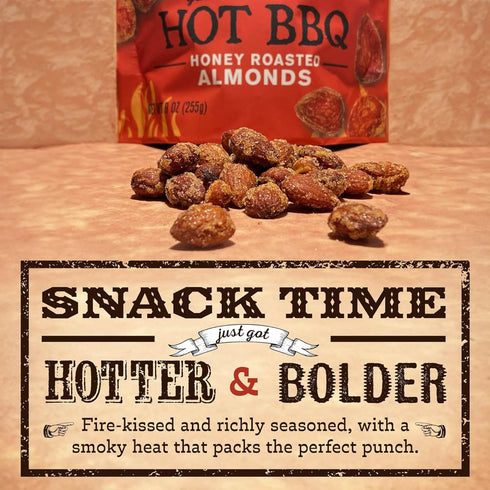 9 oz Rufus Teague Hot BBQ Honey Roasted Almonds Sweet, Spicy & Smoky Gourmet Snacks, Resealable Pouch for Freshness