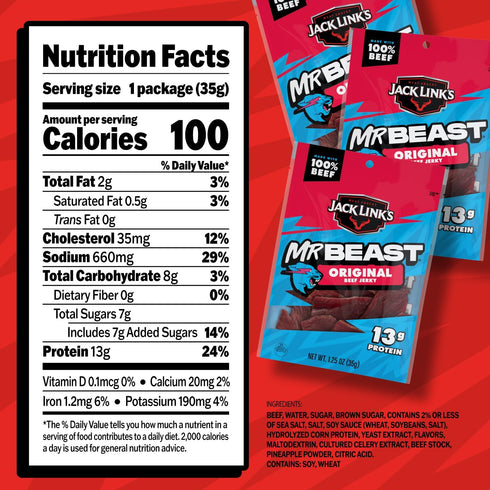 (10 Pack) 1.25 oz 13g 100% Jack Link's x MrBeast Original Beef Jerky - Bags - Ready to Eat Protein Snacks - Protein per