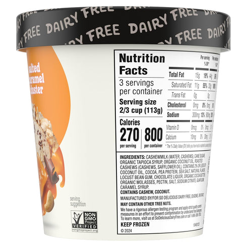 SO DELICIOUS Frozen 1 Dairy Free Cashew Milk Dessert, Salted Caramel Cluster, Vegan, Non-GMO Project Verified, Pint