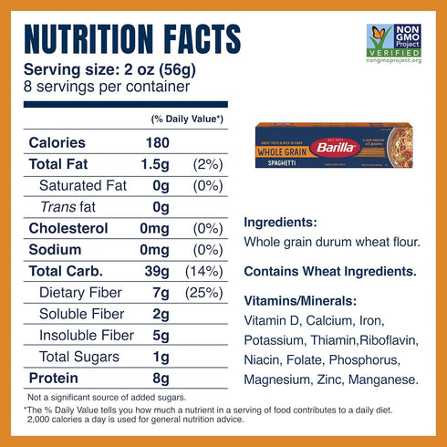 16 oz. (Pack 20) 100% Barilla Whole Grain Spaghetti Pasta, Box of - Non-GMO, Made With Whole Grain Durum Wheat - Great