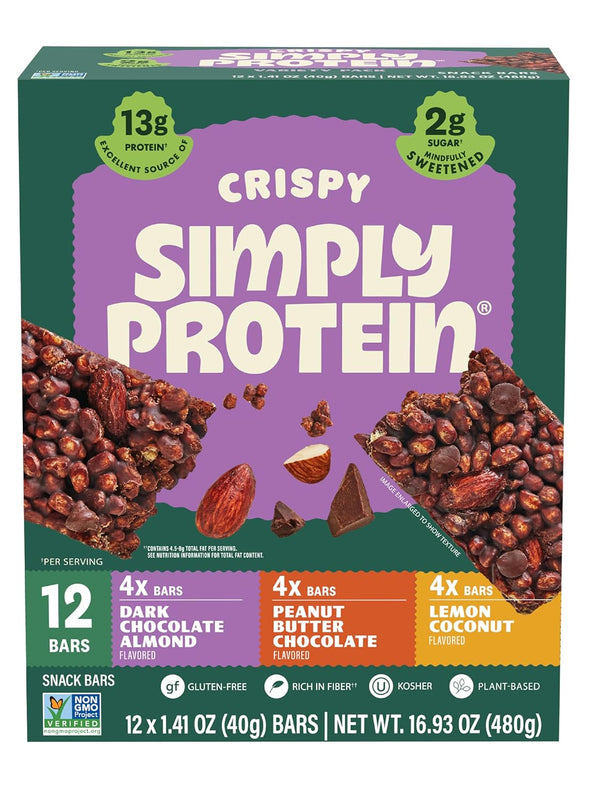 Simply Protein - Crispy Vegan Protein Bars Variety Pack, 3 Flavors -