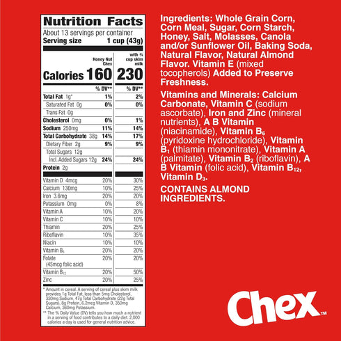 19.6 oz (Pack 5) Honey Nut Chex Cereal, Gluten Free Breakfast Cereal, Made with Whole Grain, Family Size