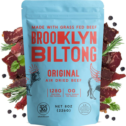 Brooklyn Biltong Air Dried Grass Fed Beef Snack, South African Beef Jerky (8 oz, Pack of 1) - Whole30 Approved