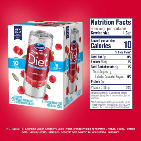 11.5 Oz 4 Count (Pack 24) Ocean Spray Sparkling Diet Cranberry Juice Drink, Fl Cans