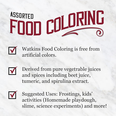 1 0.3 oz 4 Count (Pack 1) Watkins Assorted Food Coloring, Each Red, Yellow, Green, Blue, Total Four bottles