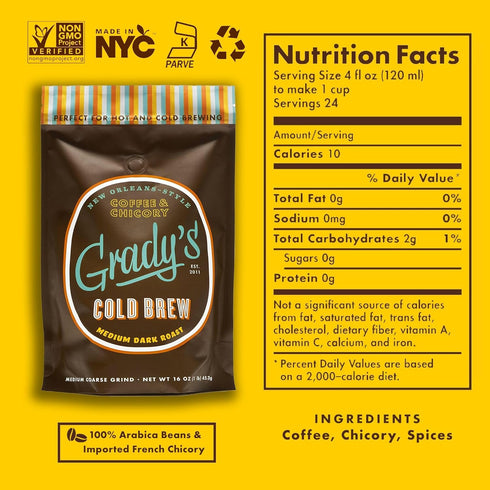 100% GRADY'S COLD BREW, New Orleans Style, Arabica Medium Dark Roast Coffee & Chicory, Ground for Hot Coffee and Cold