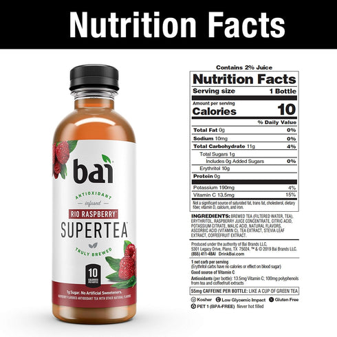 18 Oz (Pack 12) Bai Iced Tea, Rio Raspberry, Antioxidant Infused Supertea, Crafted with Real Tea (Black Tea, White