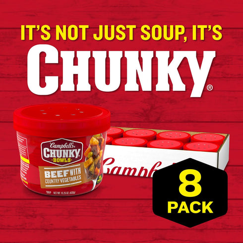 Country 15.25 oz 8) Campbells Chunky Soup, Beef Soup with Vegetables, Microwavable Bowl (Case