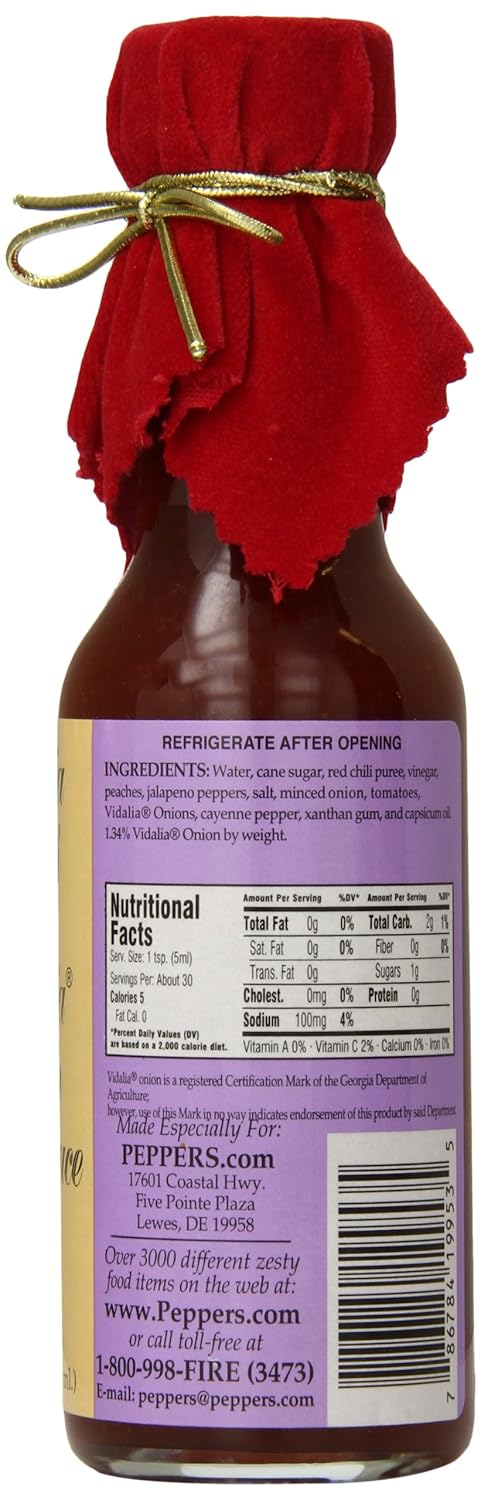 Pepper's 5 Georgia Peach and Vidalia Onion Hot Sauce with Red Velvet Top, Ounce